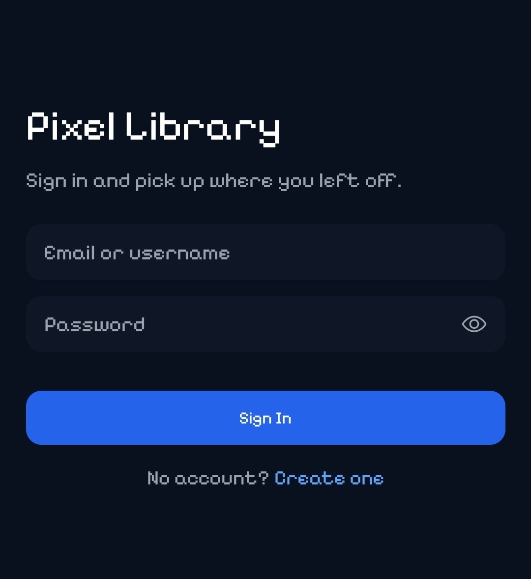 Pixel Library login screen